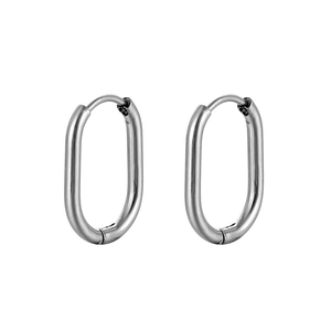 Detail view of silver oval hoop earrings made of polished stainless steel metal