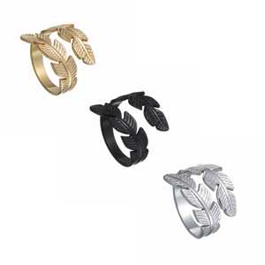 Three-piece set of adjustable feather wrap rings in gold, silver, and matte black finish