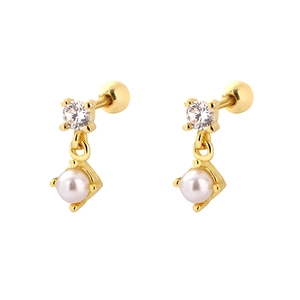 Elegant gold pearl stud earrings with sparkling zirconia stones and screw back closure