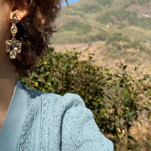 Detail showing elegant long tassel earrings with teardrop rhinestones on female model