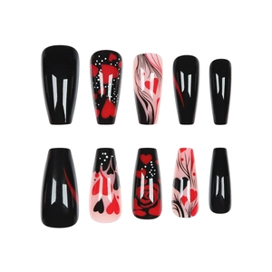 Coffin press-on nails with heart and rose designs in black, red, and pink colors