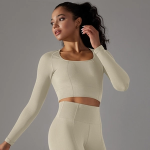 Detail of high-stretch seamless yoga top showing the waffle knit fabric and slim-fit texture