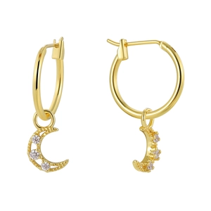 Elegant gold hollow moon earrings with clear zircon stones on a white background