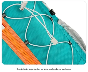 Detailed view of elastic bungee cord system on a green ripstop nylon outdoor backpack