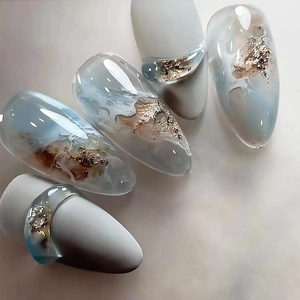 Blue Marble Press On Nails Almond Shape With Gold Foil ABS Plastic Elegant Manicure Wearable Fake Nails
