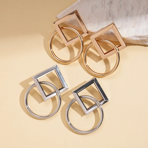 Minimalist geometric square and circle drop earrings in gold and silver finish