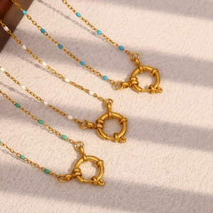 Bohemian Pendant Necklace 18K Gold Plated Stainless Steel Enamel Beads Round Spring Clasp Elegant Fashion Jewelry Women