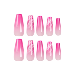 Faux ongles ballerine dégradé rose avec motifs marbrés blancs et fini brillant