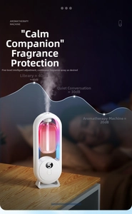 Detail of smart aromatherapy diffuser with LED display on wood surface and quiet mode icon