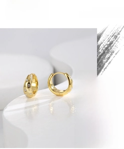 Detailed close-up of golden huggie hoop earrings with crystals on a stone base