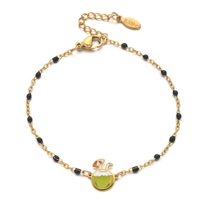 Gold stainless steel chain bracelet with black beads and enamel coconut charm