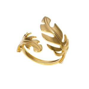 Minimalist gold stainless steel open ring featuring a hollow tropical leaf design