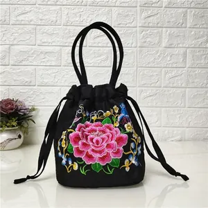 Ethnic style black bucket bag with colorful peony floral embroidery and drawstring closure