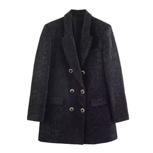 Women Black Tweed Blazer Jacket Double Breasted Metallic Thread Long Sleeve Lapel Collar Elegant Office Lady Style
