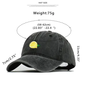 Size chart showing height and brim measurements for lemon embroidered baseball cap
