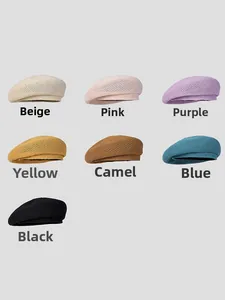 Detailed display of summer knitted beret hats available in seven solid colors