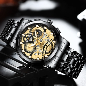 Men's skeleton dial wrist watch in black and gold stainless steel with 500M waterproof