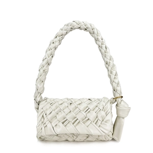 White woven faux leather handbag with knotted handle and elegant gold rings