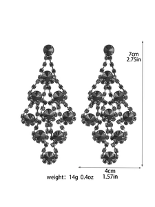 Detailed view of black rhinestone tassel earrings with height and weight measurement specs