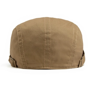Khaki cotton flat cap for men and women with adjustable side metal buckles back view
