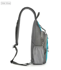 Side view of grey and blue waterproof sports sling bag with mesh bottle pocket and zippers