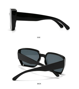 Side and back view of black oversized sunglasses with thick frames and dark grey lenses