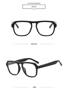 Detailed front and side views of black oversized square frame fashion optical glasses