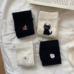 Breathable cotton crew socks with colorful dots and cute animal embroidery for women