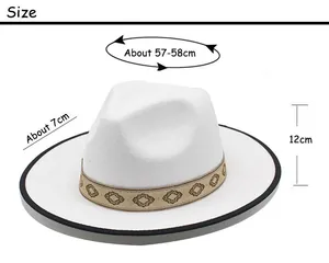 Detailed size chart for beige wool fedora hat with wide brim and geometric ethnic band