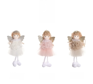 Detailed display of angel girl ornaments in white, pink, and khaki with mesh skirts