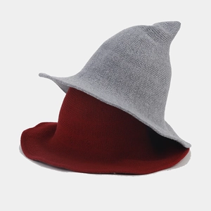 Foldable pointed knit witch hats for women in dark grey and burgundy for Halloween