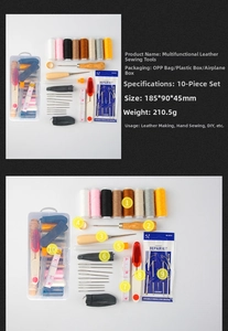10-piece leather sewing tool kit including heavy-duty threads, awls, and measuring tape