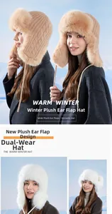 Winter thermal knit hat with plush ear flaps and warm lining in two versatile wearing styles
