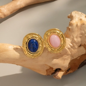 French vintage gold plated titanium steel ring set with oval lapis and pink natural stones