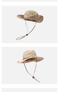 Détail du chapeau de soleil kaki avec broderie Travellers et cordon coupe-vent réglable