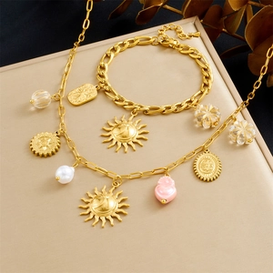 Stainless Steel Jewelry Set For Women Vintage Sun Moon Heart Pendant Artificial Pearl Coin Charm Necklace And Bracelet Bohemian
