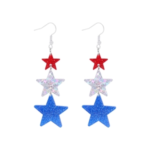 Detailed view of patriotic triple star earrings with glittery red silver and blue finish