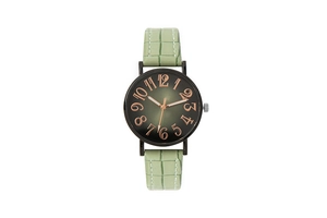 Detail showing green gradient watch face with rose gold numerals and croc leather strap