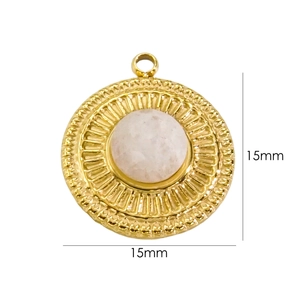 Detail view of 15mm round 14K gold plated bohemian pendant with pink faceted natural stone