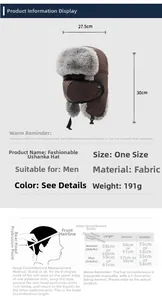 Size chart and dimensions for winter trapper hat with face mask and ear protection