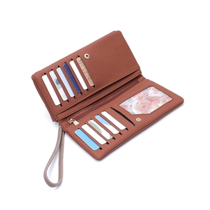 Internal layout of brown lychee leather wallet with 11 card slots and zipper pocket