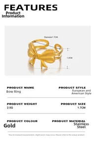 Detailed specs of the gold bow knot ring in stainless steel with 1.7cm diameter