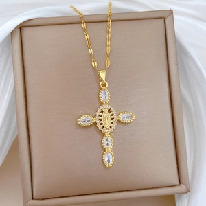 Luxurious gold stainless steel cross necklace with Virgin Mary relief and sparkling crystals