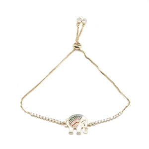 Detail of gold elephant pendant with colorful rhinestones and adjustable slider box chain