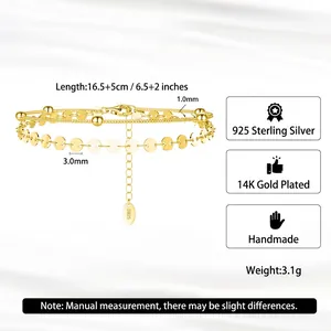 Double-layered 925 sterling silver chain bracelet with 14K gold plating and round discs