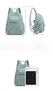 Size chart for women's nylon backpack with dimensions 27x32x13cm and A4 iPad comparison