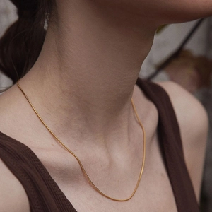 Nahaufnahme einer minimalistischen Schlangenkette aus goldfarbenem Titanstahl am Hals