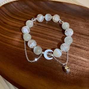 Faux strawberry crystal heart pearl bracelet with moon charm and silver bell