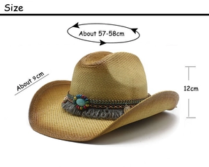 Detail of straw cowboy hat dimensions with turquoise bead band and measurement labels