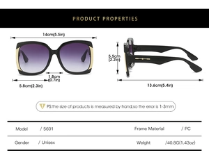 Detailed size chart for oversized gradient lens sunglasses with black PC frame